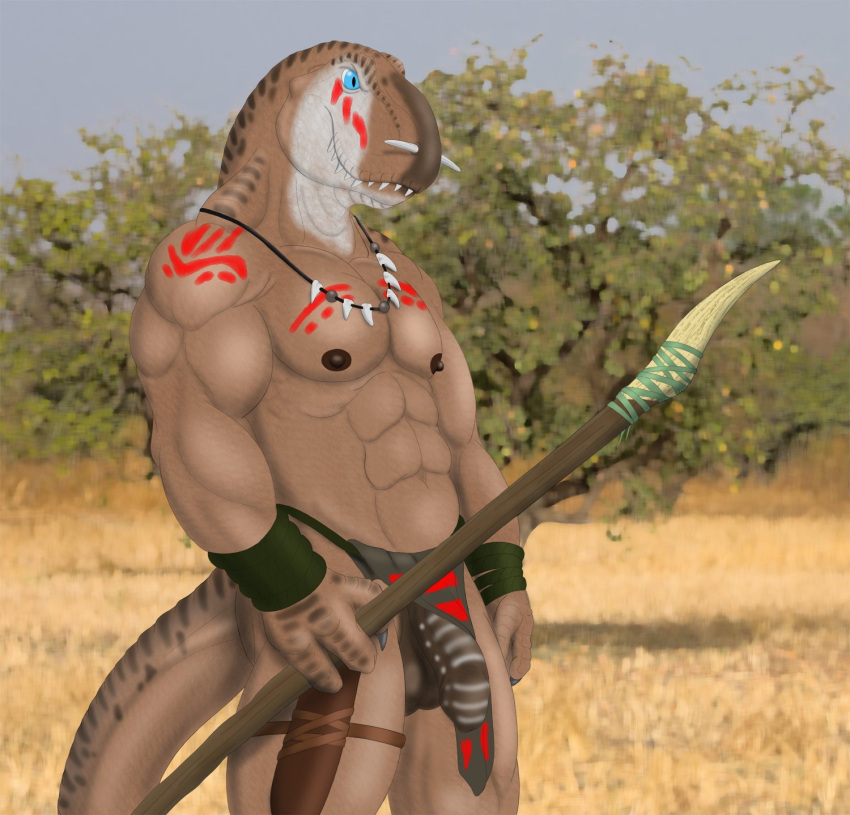 2022 3_fingers abs anthro balls biceps blue_eyes bone bone_necklace bottomwear bottomwear_aside claws clothing clothing_aside dinosaur fingers flaccid foreskin genitals hi_res holding_object holding_spear holding_weapon humanoid_genitalia jewelry kaa_bakensobek loincloth loincloth_aside looking_aside male male_only markings melee_weapon muscular muscular_anthro muscular_male navel necklace nipples outside pecs penis polearm portrait red_markings reptile savanna scalie smile solo spear standing teeth theropod three-quarter_portrait tribal tribal_markings tyrannosaurid tyrannosaurus tyrannosaurus_rex weapon