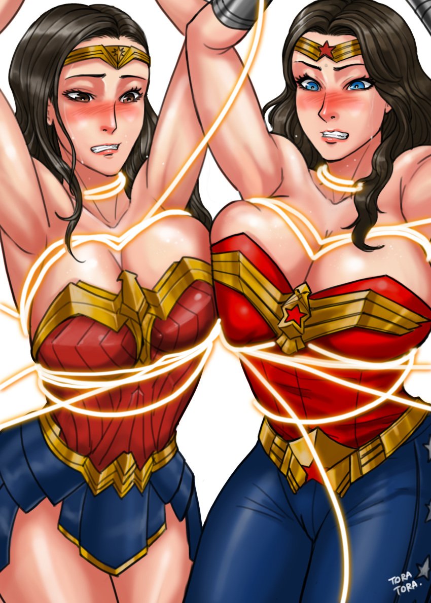 2022 2girls adrianne_palicki amazon armpits arms_up artist_name big_breasts black_hair blue_eyes blush bondage breasts brown_eyes dc dc_comics dc_extended_universe diana_prince duo female female_only femsub gal_gadot lasso_of_truth light-skinned_female light_skin restrained square_crossover sweat thick_thighs tied_up tora_tora white_background wide_hips wonder_woman wonder_woman_(pilot) wonder_woman_(series)