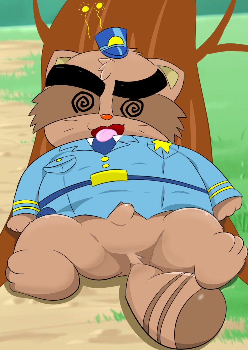 2022 alice_detective_bureau anthro brown_body clothing genitals hat headgear headwear hi_res inspector_arai kemono male male_only mammal necktie outside overweight overweight_male penis plant police_hat police_officer police_uniform procyonid raccoon rairaitei shirt solo topwear tree uniform