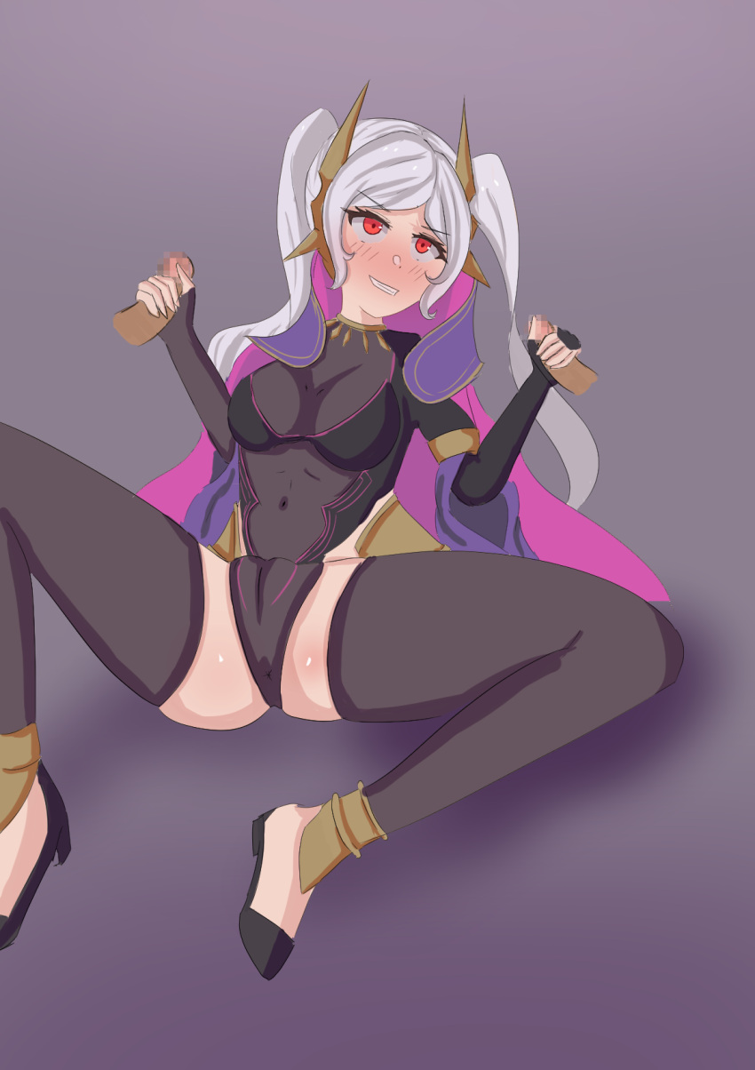 1girls 2boys alternate_costume anus bare_thighs bluepointred bodystocking breasts cameltoe censored cleavage double_handjob female female_focus fire_emblem fire_emblem_awakening fire_emblem_heroes fully_clothed grey_hair grima_(fire_emblem) grin handjob leotard male medium_breasts mmf_threesome multiple_boys nintendo official_alternate_costume partially_visible_vulva pussy red_eyes robin_(female)_(fell_tactician)_(fire_emblem) robin_(fire_emblem) robin_(fire_emblem)_(female) sitting smile solo_focus spread_legs thighhighs thighs threesome twintails