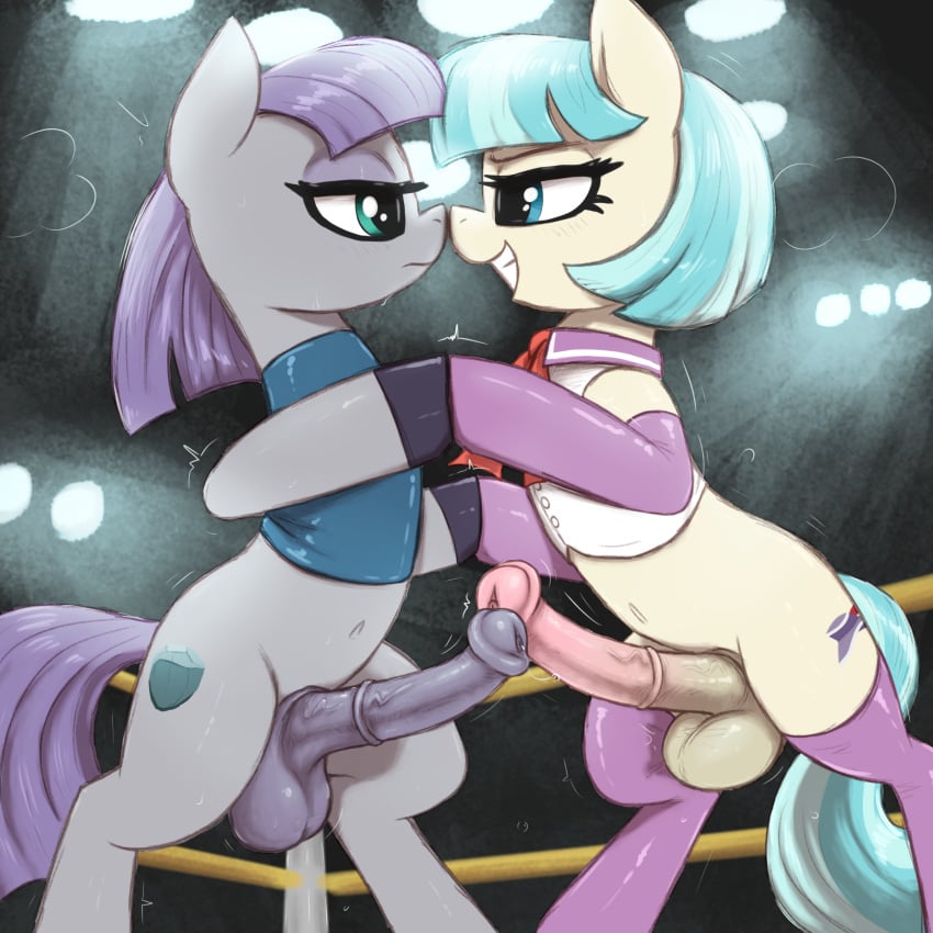 1:1 2futas absurd_res animal_genitalia animal_penis balls blue_hair clothed clothed_feral clothing coco_pommel_(mlp) equid equine equine_penis feral fighting_ring friendship_is_magic frottage futa_only futanari genitals gynomorph gynomorph/gynomorph hair hasbro hi_res intersex intersex/intersex mammal maud_pie_(mlp) my_little_pony penis sex t72b