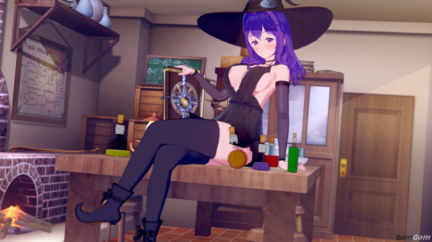 blush blush book doki_doki_literature_club door fire fireplace holding_book holding_object koikatsu looking_at_viewer nipples_visible potion potion_bottle potions purple_eyes purple_hair sitting smile smiling smiling_at_viewer witch witch_costume witch_hat wood yuri_(doki_doki_literature_club)