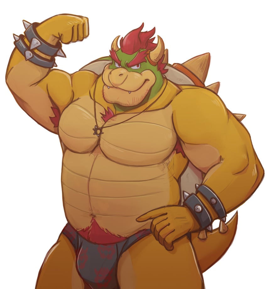 absurd_res anthro armband armpit_hair body_hair bowser briefs briefs_only chest_tuft clothing flexing hair hi_res koopa male male_only mario_(series) musclegut muscular nintendo pubes red_hair scalie slightly_chubby solo tuft underwear video_games zcdartz