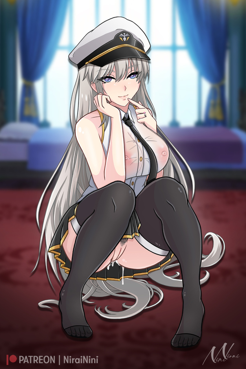 1girls artist_name artist_signature azur_lane big_breasts black_legwear black_skirt blue_eyes breasts cum cum_drip cum_in_pussy enterprise_(azur_lane) female female_only finger_in_mouth hat huge_breasts long_hair looking_at_viewer military_hat nipples_visible_through_clothing nirainini seductive seductive_smile see-through_clothing smiling smiling_at_viewer squatting tie visible_pussy wet_clothes white_hair white_shirt