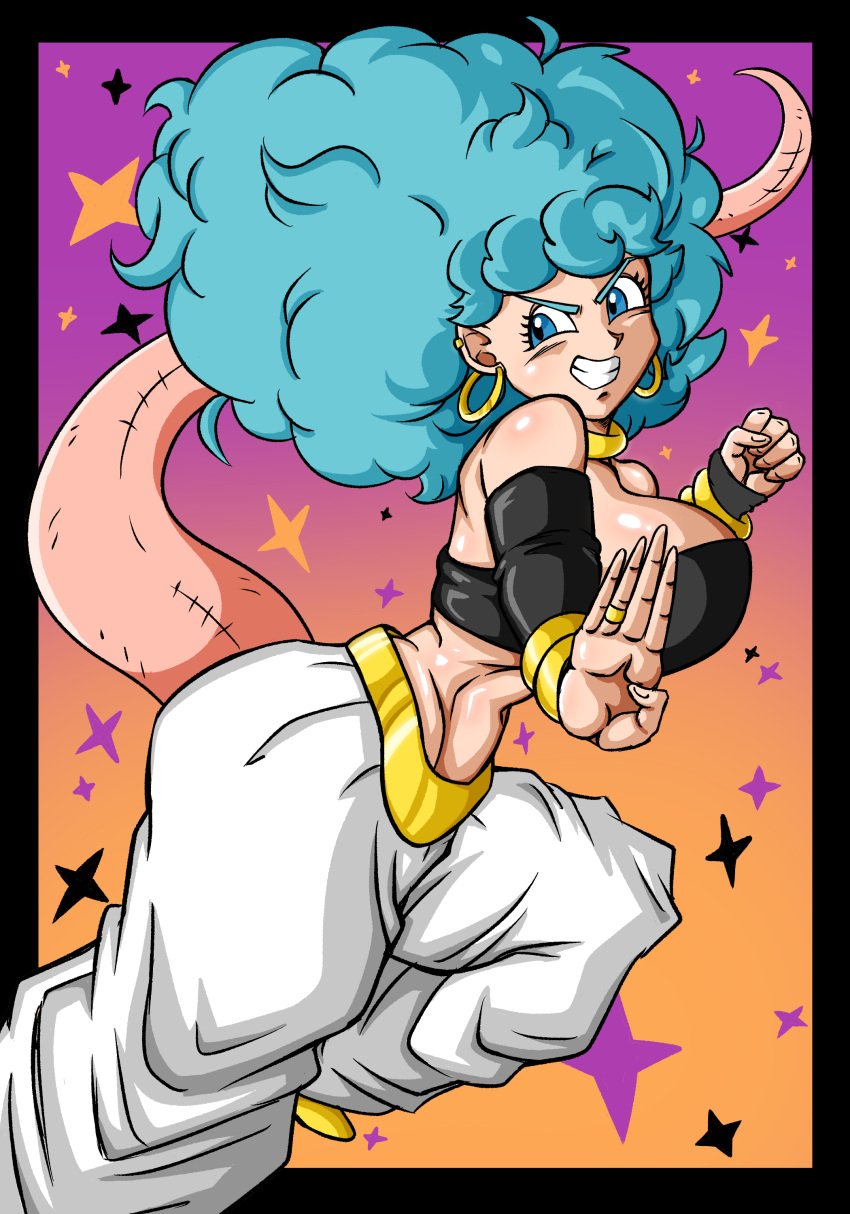 afro android_21_(cosplay) big_breasts blue_eyes blue_hair bracelet bulma_(afro) bulma_briefs dragon_ball dragon_ball_fighterz dragon_ball_super dragon_ball_z grin hoop_earrings midriff neck_ring superspacewarrior