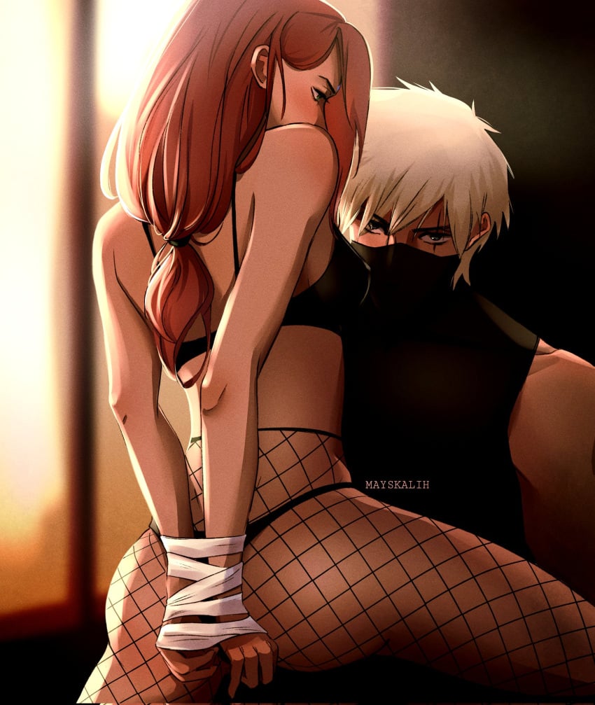 1boy 1boy1girl 1girls age_difference alternate_hairstyle before_sex boruto:_naruto_next_generations bra cheating couple duo duo_focus fishnet_pantyhose fishnets g-string hands_behind_back hands_tied hands_tied_behind_back hatake_kakashi implied_cheating looking_at_viewer looking_back low-tied_long_hair low_ponytail male/female married_woman mask masked_male mayskalih milf naruto naruto_(series) older_female panties pink_hair ponytail sakura_haruno silver_hair sitting sitting_on_lap sitting_on_person student teacher teacher_and_student tied_hair tied_hands tied_up underwear younger_female