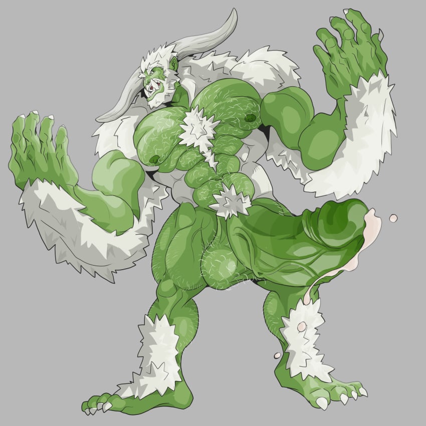 1:1 barazoku big_penis bodily_fluids claws cum fur genital_fluids genitals green_body green_skin hi_res horn huge_cock humanoid hyper hyper_genitalia hyper_penis male male_only muscular orc orc_male orctober penis rickleone tusks white_body white_fur yeti