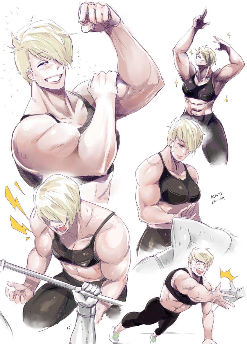 1girls abs big_biceps big_breasts blonde_hair cd_projekt_red character_sheet cyberpunk:_edgerunners cyberpunk_2077 dorio_(edgerunners) exercise female female_only flexing flexing_bicep hi_res kivonotbabu lifting lifting_weights muscular muscular_female netflix short_hair smile studio_trigger weightlifting weights workout zyzz_pose