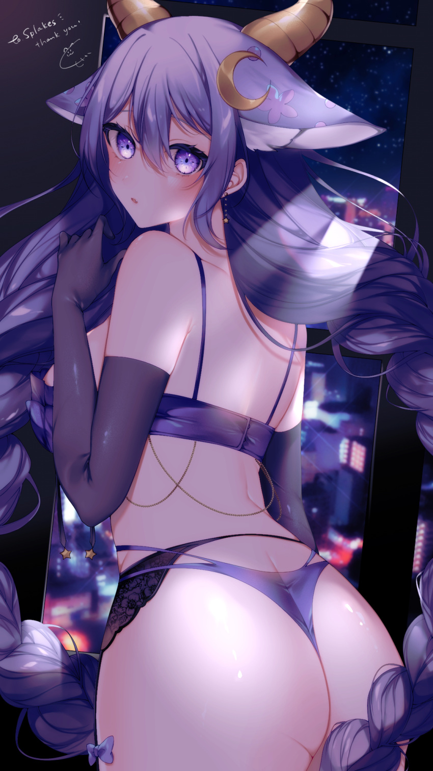 1girls 4_ears animal_ears blush bra drake_(species) female female_only fox_ears fox_tail hair_ornament hk45_x horns indie_virtual_youtuber indoors large_breasts light-skinned_female light_skin lingerie looking_at_viewer looking_back moon_hair_ornament panties purple_bra purple_eyes purple_hair purple_panties solo splakes_(splakess) virtual_youtuber window wingless_dragon