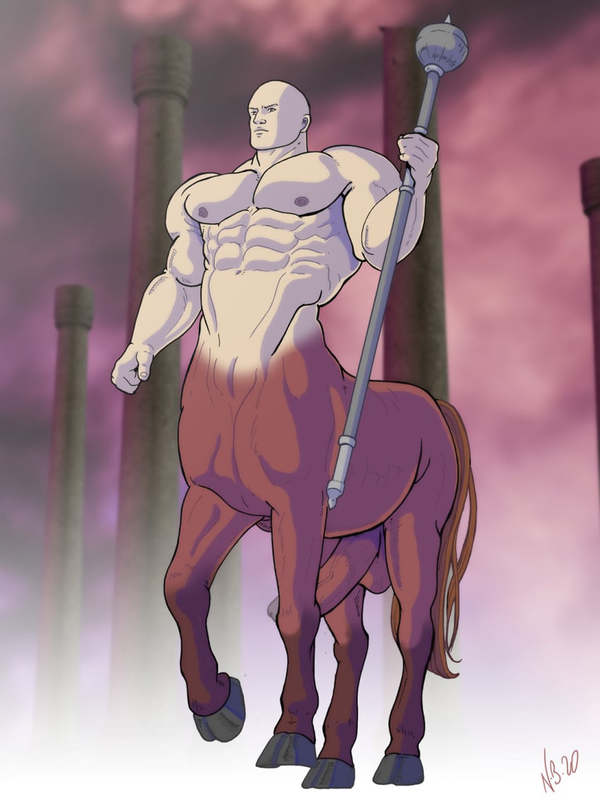 2020 3:4 abs bald balls biceps brown_eyes centaur equid equid_taur erection genitals hi_res holding_object hooves humanoid_genitalia humanoid_taur looking_aside looking_away male male_only mammal mammal_taur mouth_closed muscular muscular_male navel nicolas_brunet nipples nude outside pecs penis scepter simple_background solo taur vein veiny_penis