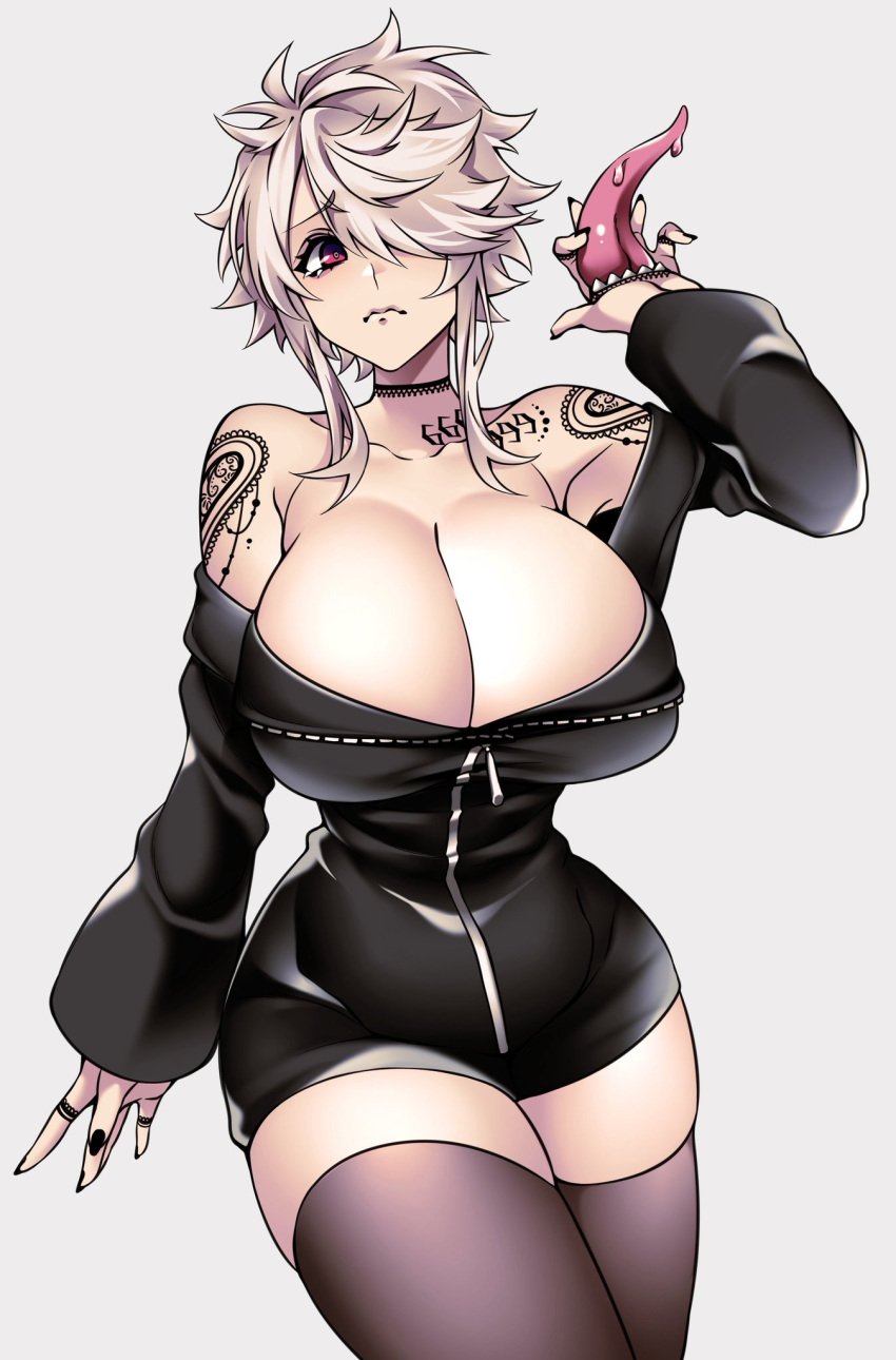 1girls big_breasts breast breast_bigger_than_head breasts breasts_out camui_kamui_(hz_666v) choker cleavage curvy emo goth gothic hand_mouth hourglass_figure huge_breasts light-skinned_female light_skin monster_girl nervous one_eye_obstructed original shy small_waist sullivan_(camui_kamui) tattoo thick thick_thighs thighhighs white_hair