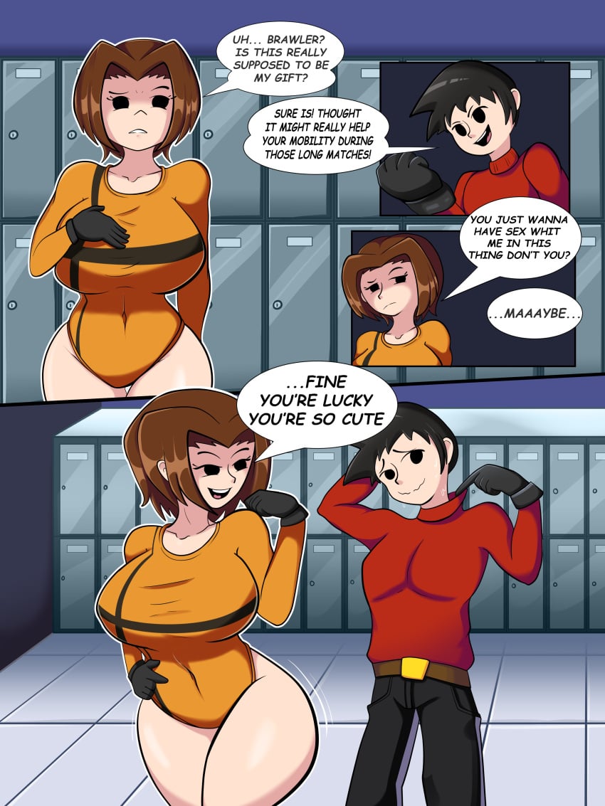 1boy 1girls big_breasts black_hair brown_hair comic_page curvy curvy_figure dialogue female fit_female leotard locker_room male mii mii_brawler mii_gunner mii_gunner_(smash_4) mob_face nintendo nrgxer skin_tight super_smash_bros. super_smash_bros._for_nintendo_3ds_and_wii_u text thick_thighs