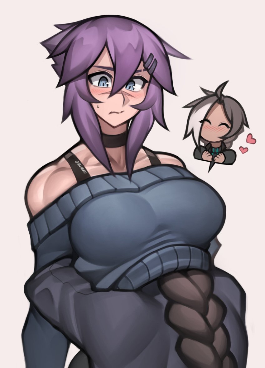 2022 2girls abs arms_around_torso big_breasts blue_eyes blush bra_strap breasts breasts_apart choker closed_eyes curvaceous curvy curvy_figure cute female female_focus female_only hair_ornament head_between_breasts head_under_clothes heart hearts_around_head hi_res highres hips hoodie hugging large_breasts looking_down maya_(roadi3) muscular_body muscular_female muscular_shoulders open_mouth original purple_hair roadi3 scar_across_nose shiny shiny_skin short_hair sierra_(glazdon) simple_background sweat sweatdrop tomboy yuri