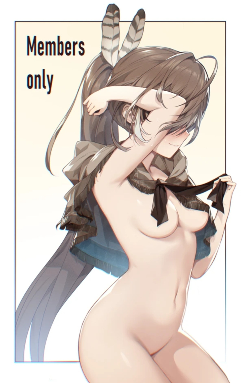 almost_naked bingsardina blush brown_hair cloak covering_face feather_in_hair hololive hololive_english hololive_english_-council- hololive_english_-promise- nanashi_mumei ponytail shy virtual_youtuber