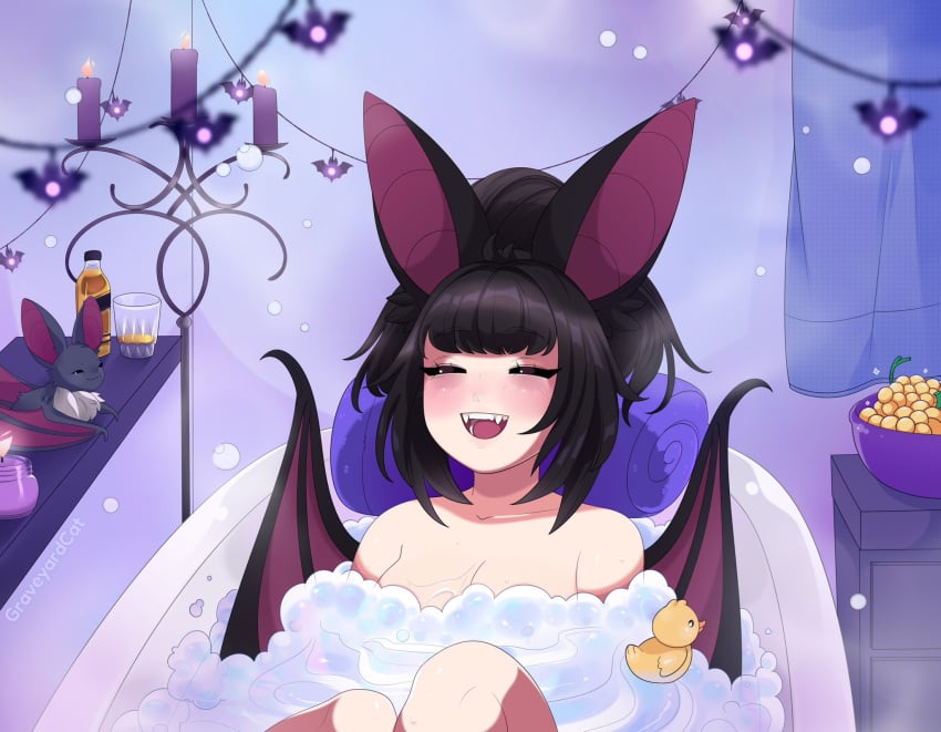 1animal 1girls animal animal_ears bat bat_ears bat_girl bat_humanoid bat_vtuber bat_wings batatvideogames_(moriko_kyoho) bath bathing bathroom batrick_(batatvideogames) black_hair blush candle eyebrows_visible_through_hair fangs female female_only food girlsfc grapes graveyardcat happy humanoid_bat indie_virtual_youtuber indoors koudere lepakko light-skinned_female light_skin relaxing resting rubber_duck solo taking_a_bath virtual_youtuber