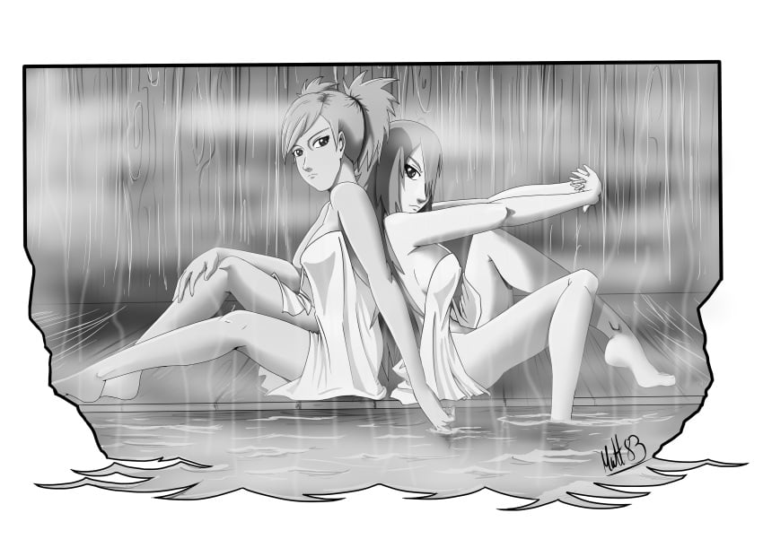 2girls back_to_back barefoot blonde_hair breasts cleavage feet female female_only hair_over_one_eye hot_spring looking_at_viewer mattwilson83 monochrome multiple_girls mw83 naruto naruto:_the_last naruto_(classic) naruto_shippuden red_hair sitting steam tayuya temari tied_hair towel twintails water