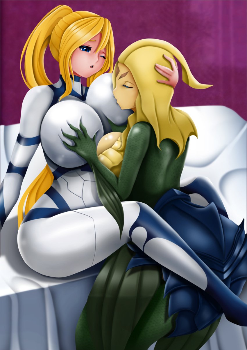 2022 2girls armor armour asadmandraws blonde_hair bodysuit breast_sucking commission crossover female huge_breasts human interspecies league_of_legends marai mermaid metroid monster_girl nami_(league_of_legends) ponytail samus_aran yuri zero_suit zero_suit_samus