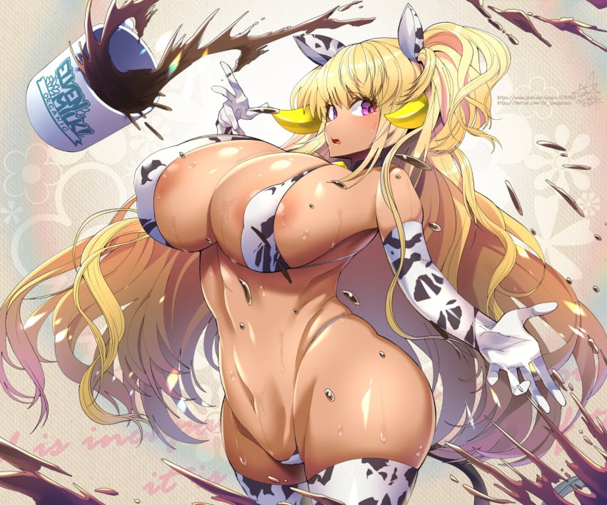 1girls alternate_version_available big_breasts bikini bikini_bottom bikini_top blonde_hair bottomwear boxes breasts chocolate_milk cleavage cow_horns cow_print cow_print_armwear cow_print_bikini cowbell dark_elven_forest_ranger female female_only hair horns huge_breasts last_origin long_hair milk neckwear purple_eyes solo solo_female sweat sweatdrop swimsuit swimwear thick_thighs thighhighs thighs topwear umigarasu_(kitsune1963)