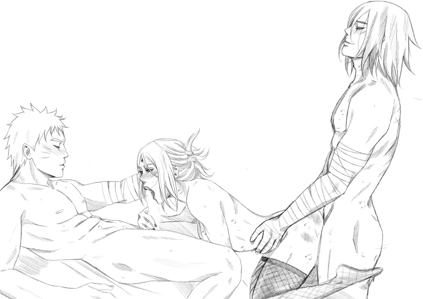 1girls 2boys ambiguous_penetration bandaged_arm bandages bent_over blush boruto:_naruto_next_generations erect_penis erection fellatio female group group_sex hair_grab husband_and_wife kneeling licking licking_penis long_hair looking_at_another looking_at_partner lying lying_on_back male male/male/female mmf mmf_threesome monochrome multiple_boys multiple_males naked narusakuart naruto naruto_(series) on_back oral penis rinnegan sakura_haruno sasuke_uchiha sex sharing short_hair smile spitroast standing stockings swingers team_7 threesome unusual_pupils uzumaki_naruto