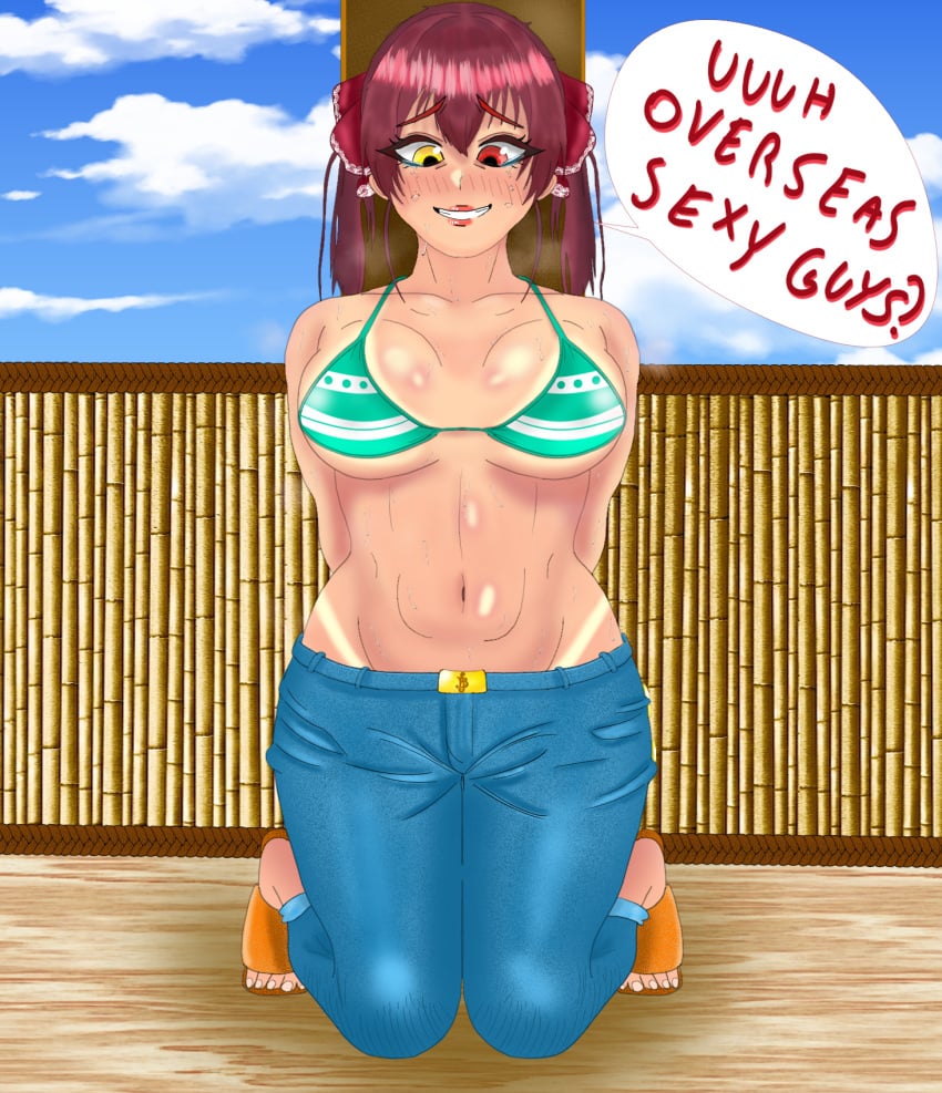 bikini bikini_top bondage crying crying_with_eyes_open eddarxart female female_only hands_behind_back hands_tied hands_tied_behind_back heterochromia hololive hololive_fantasy hololive_japan houshou_marine jeans large_breasts looking_at_own_breasts looking_down midriff nami_(one_piece)_(cosplay) navel on_knees one_piece pirate red_eye red_hair restrained restrained_arms streamer sweat sweatdrop sweating sweating_profusely tanline tears tears_of_desperation tied_to_pole tied_up twintails twintails_(hairstyle) virtual_youtuber vtuber yellow_eye