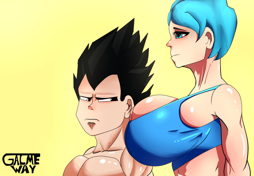 1boy 1girls big_breasts bulma_briefs colored dragon_ball dragon_ball_z galme-way girl_staring_at_guy's_chest meme vegeta