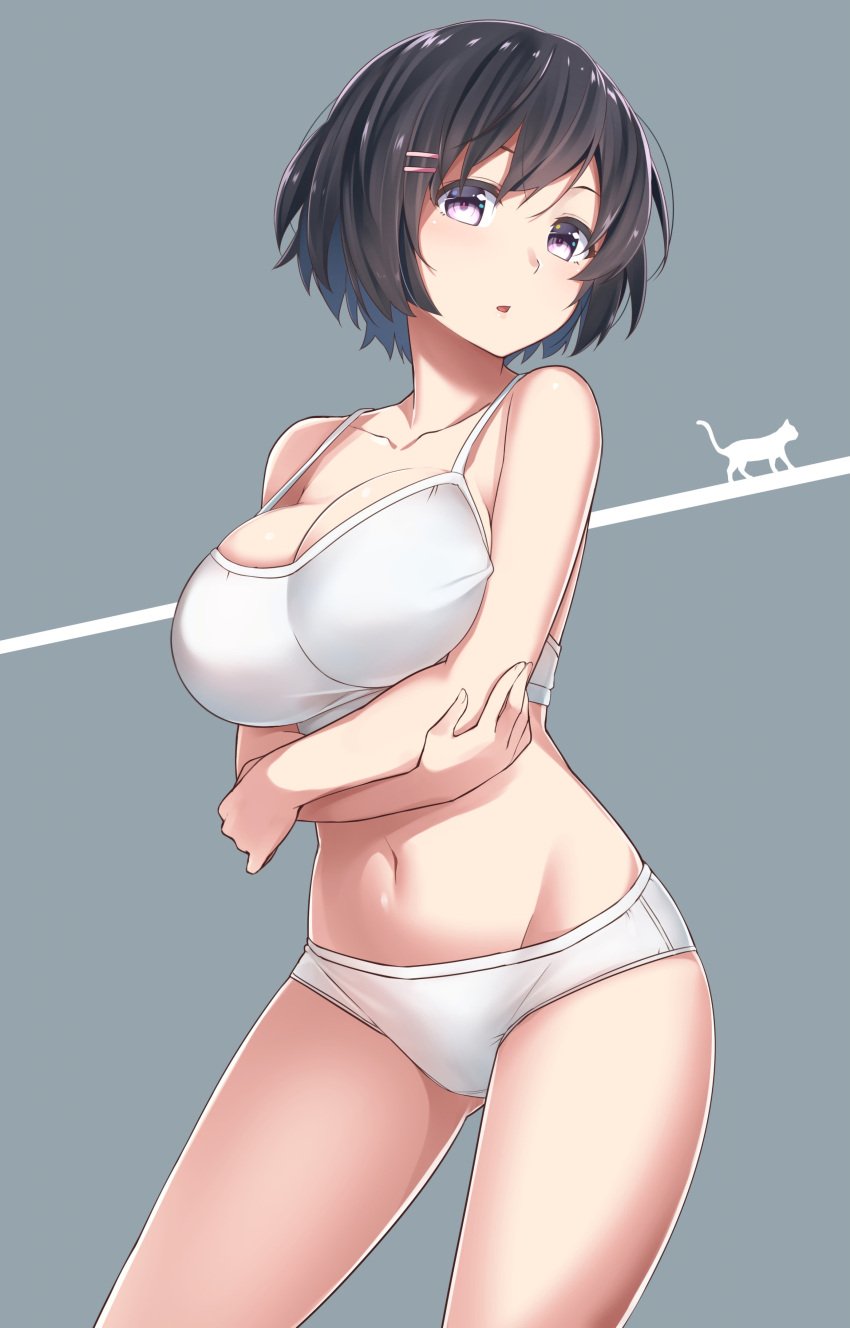 1girls absurd_res bakemonogatari black_hair blush bra breast_hold breasts cleavage feline female_focus hair_ornament hanekawa_tsubasa hi_res highres large_breasts monogatari_(series) navel ninnzinn open_mouth panties purple_eyes short_hair simple_background solo sports_bra underwear underwear_only white_bra white_panties