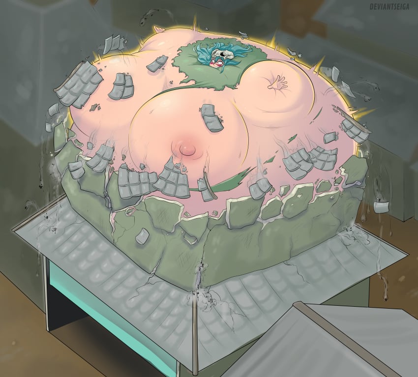 bleach blush breasts breasts_out destroyed_building deviantseiga full_body_inflation house inflation marking nelliel_tu_odelschwanck spherical_inflation sunken_head sunken_limbs surprised sweat teal_hair torn_clothes