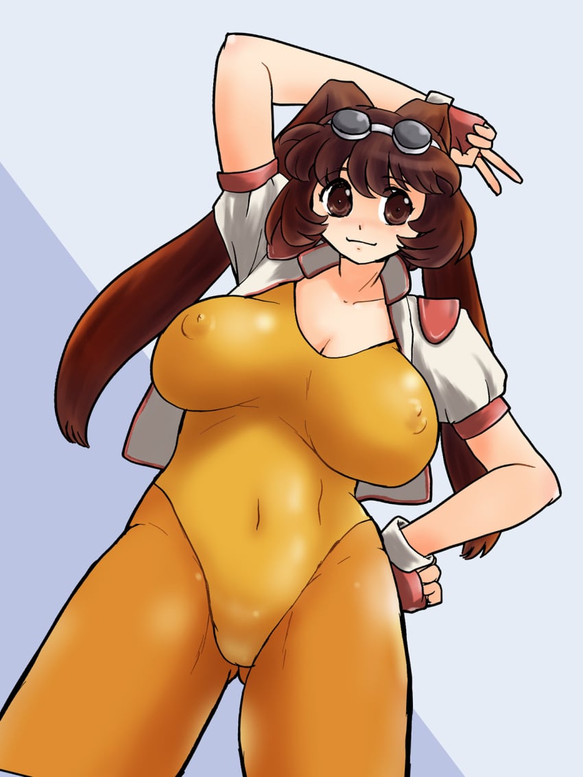 1girls arina_makihara arm_behind_head armpits big_breasts breasts brown_eyes brown_hair busty cleavage covered_erect_nipples covered_navel female female_only fingerless_gloves gloves goggles goggles_on_head hand_on_hip highres jacket large_breasts legs makihara_arina open_clothes open_jacket open_mouth pose rabbit_ears smile solo thighs v waku_waku_7