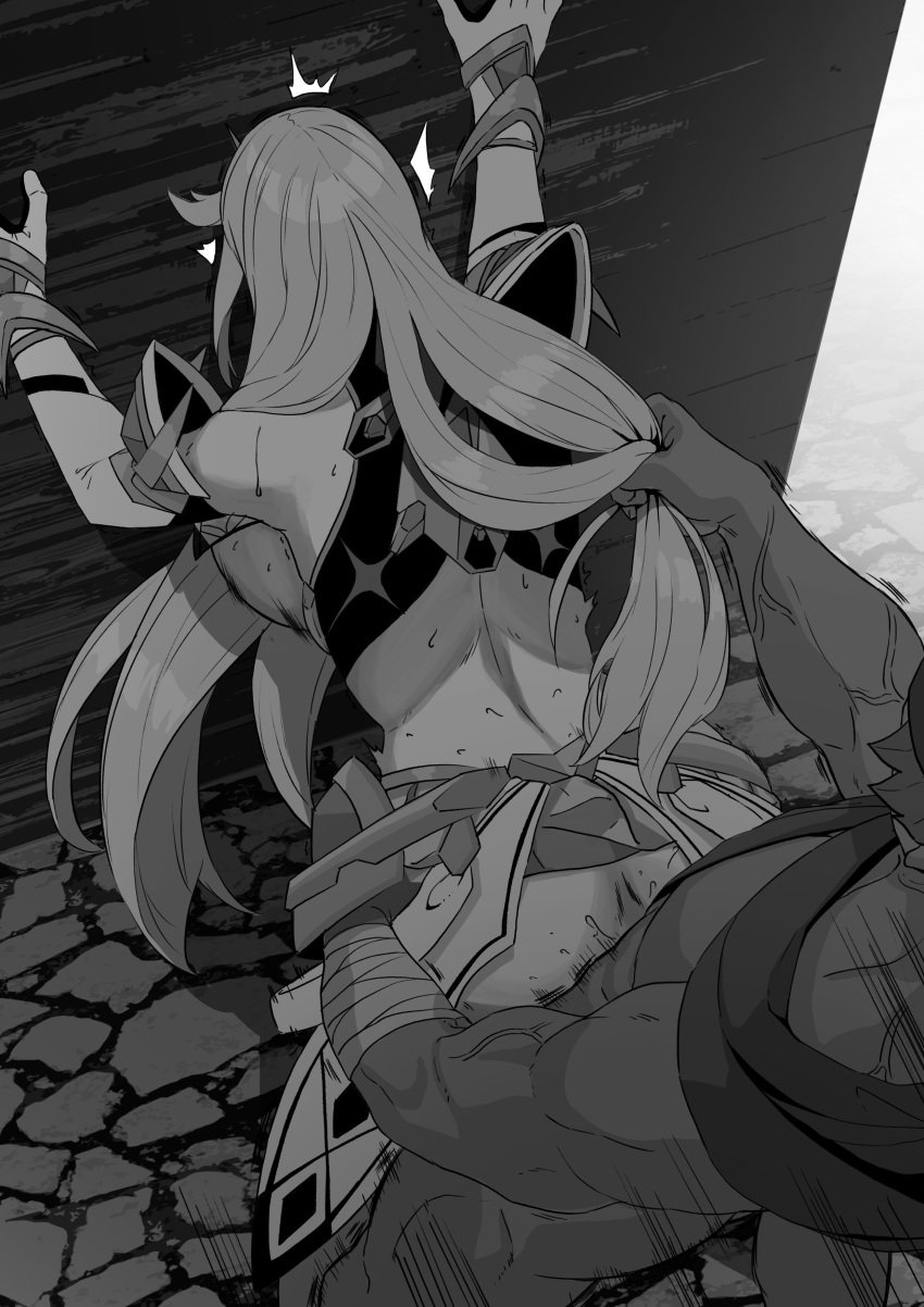 1boy absurdres against_wall backboob bandaged_arm bandages bangs bent_over black_bean breasts cheating cheating_girlfriend cheating_wife clothed_sex elbow_gloves female gloves grabbing_another's_hair greyscale ground_vehicle highres large_breasts long_hair midriff monochrome motor_vehicle mythra mythra_(xenoblade) netorare ntr outdoors sex sex_from_behind skirt standing standing_sex sweat swept_bangs xenoblade_chronicles_(series) xenoblade_chronicles_2