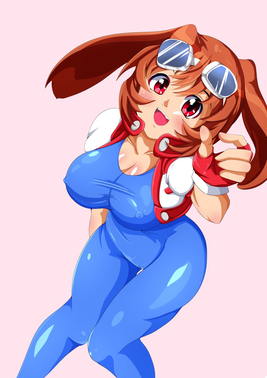 1girls arina_makihara arm_support big_breasts blush breasts brown_hair busty cameltoe covered_erect_nipples cute female female_only goggles goggles_on_head highres jacket large_breasts legs looking_at_viewer makihara_arina open_clothes open_jacket open_mouth rabbit_ears red_eyes sitting smile solo thighs waku_waku_7