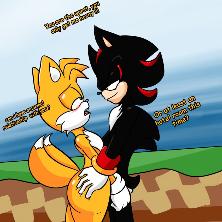 anthro ass black_fur black_hair blue_eyes blush butt_grab canid canine dominant dominant_male duo femboy fox gay gay_domination girly hand_on_butt hi_res male male/male male_only mammal miles_prower orange_fur red_eyes red_fur sega shadow_the_hedgehog sonic_(series) sonic_the_hedgehog_(series) soulyagami64 submissive submissive_male tails yaoi