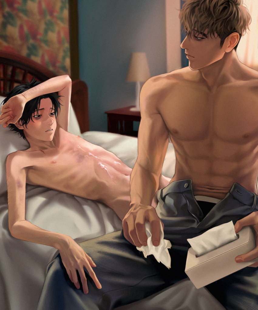 abs after_sex coooga cum cum_on_body killing_stalking male male_only oh_sangwoo open_fly self_harm self_harm_scars shirtless shirtless_male size_difference skinny tissue_box yaoi yoon_bum