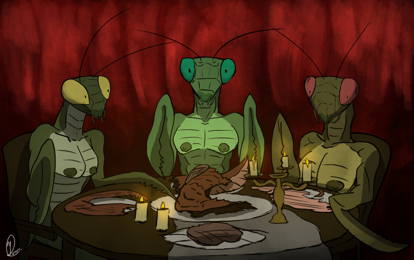 absurd_res anthro arthropod body_parts breasts candle candlelight cannibalism dim_lighting dinner_table exoskeleton female green_eyes group hi_res insects invalid_tag kinktober light male male/female mantis party plates red_curtains red_eyes tablecloth wood_table yellow_eyes yenocwolf