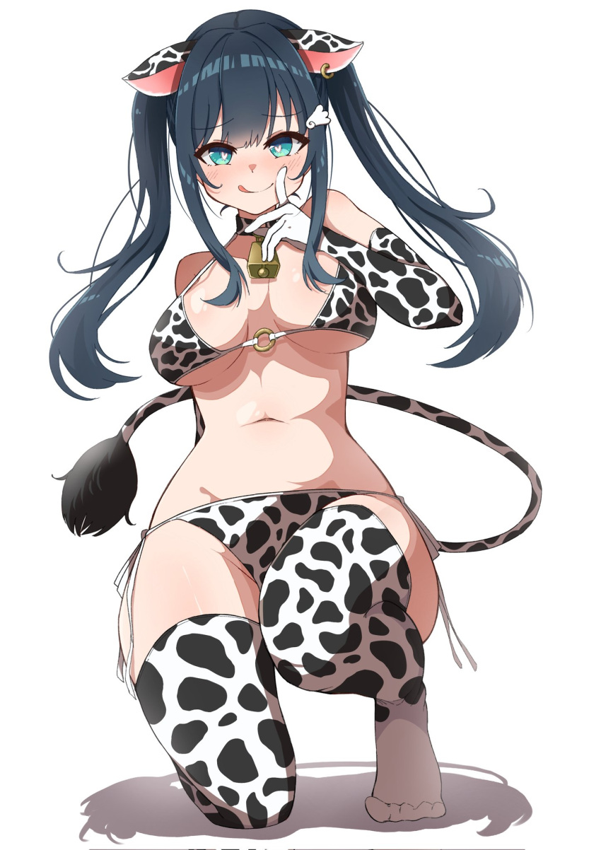 1girls amano_nene_(vtuber) animal_ears aqua_eyes blush cow_ears cow_print cow_print_bikini cow_print_gloves cow_print_stockings cow_tail cowbell female female_only gloves hair_ornament hairclip heart-shaped_pupils licking_lips light-skinned_female light_skin looking_at_viewer midoku_(midokusuruuu) o-ring_bikini production_kawaii shadow simple_background solo symbol-shaped_pupils tail virtual_youtuber white_background