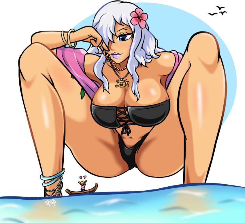 1girls 2boys bikini boat charlotte_smoothie cleavage female flower_in_hair giantess huge_ass huge_breasts jewelry larger_female long_hair long_legs male massive_ass massive_breasts monkey_d_luffy ocean one_piece silver_hair size_difference spanspec squatting vinsmoke_sanji