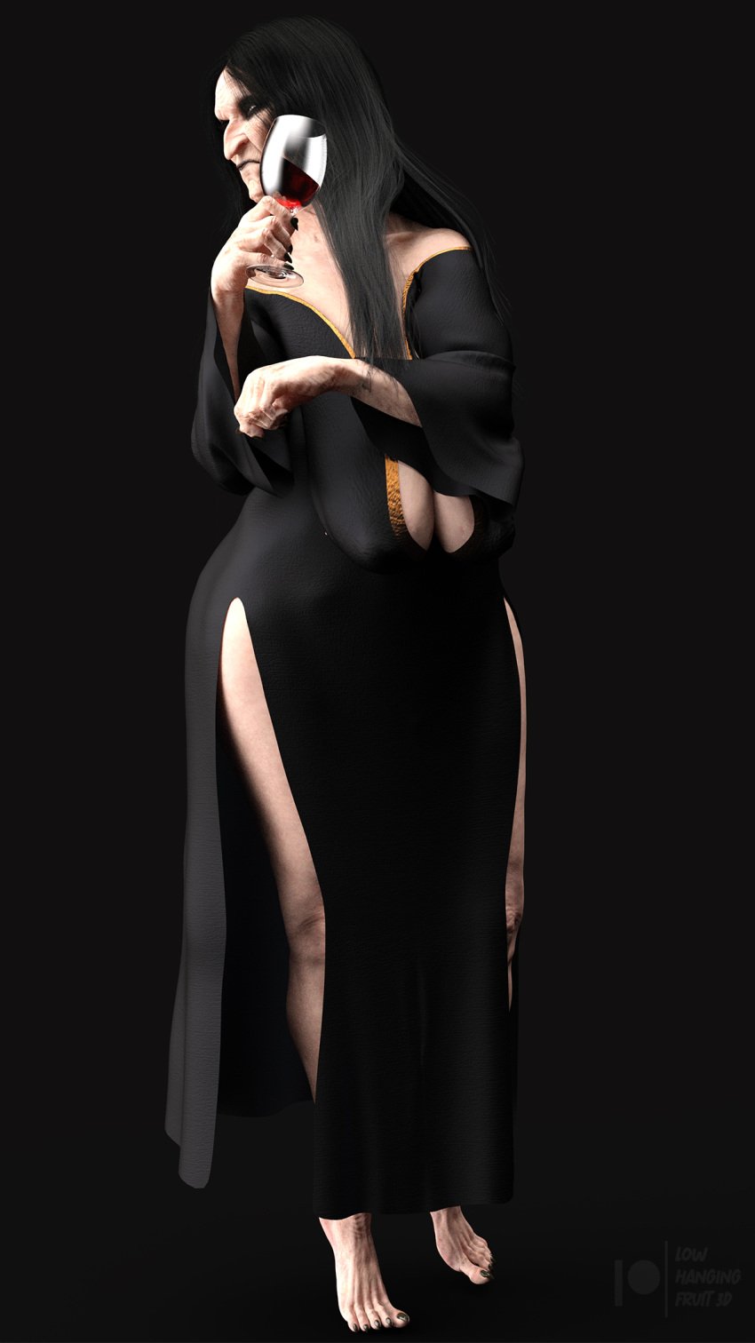 1girls 3d 3d_(artwork) big_breasts black_hair black_lips black_lipstick black_toenails breasts daz3d daz_studio dress edna_church_(lhf3d) feet feet_up female gilf granny hag holding_glass large_breasts legs long_hair looking_at_viewer lowhangingfruit3d_(artist) mature mature_female nude nude_female old older_female original_character pale-skinned_female pale_skin sagging_breasts solo solo_female straight thick_thighs thighs toe_claws toes wine wine_glass witch