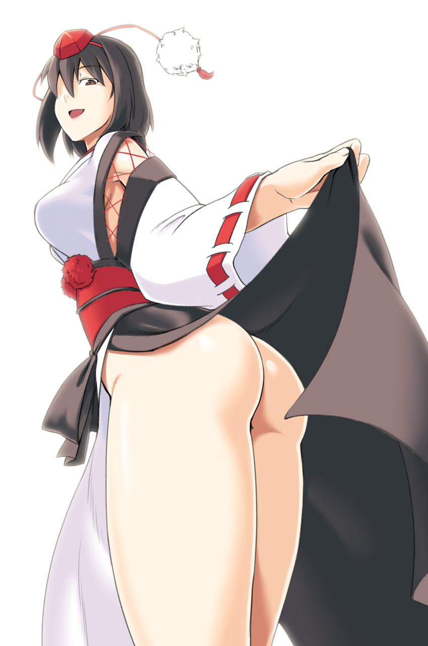 absurdres ass black_hair brown_eyes clothes_lift female from_below hair_ornament highres kagehito lifted_by_self long_sleeves open_mouth pom_pom_(clothes) presenting shameimaru_aya short_hair skirt skirt_lift smile solo touhou two-tone_dress white_background