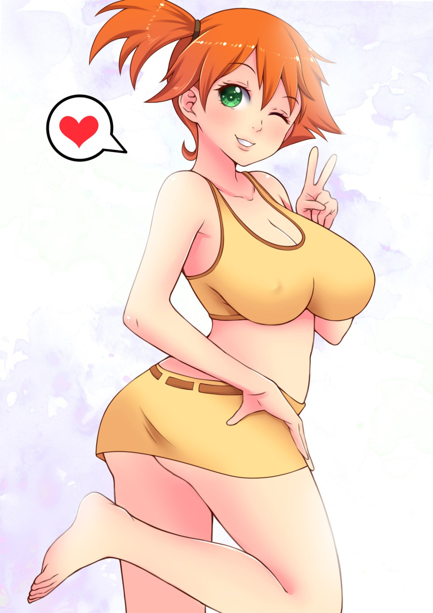 armpits ass asymmetrical_hair bangs bare_arms bare_shoulders barefoot blush breasts clothing cowboy_shot female game_freak green_eyes huge_ass huge_breasts kasumi_(pokemon) large_ass large_breasts looking_at_viewer miniskirt misune_art nintendo open-mouth_smile open_mouth orange_hair pokemon pokemon_(anime) pokemon_(classic_anime) pokemon_(game) pokemon_rgby ponytail short_hair short_ponytail side_ponytail skirt smile solo thighs tied_hair v