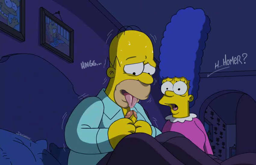 1boy1girl bald bald_man bed bed_sheet bedroom blue_hair both_hands_on_cock busted caught caught_in_the_act couple desiaries funny homer_simpson husband husband_and_wife licking licking_penis marge_simpson masturbation penis penis_out picture picture_frame practice saliva self_lick shocked shocked_expression the_simpsons thedesiaries tongue tongue_out train training trembling waking waking_up wife yellow_skin