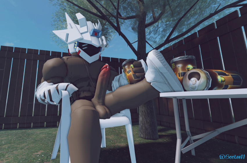 3d armor chair cola cum cum_on_penis fence gay hands-free helmet lawn_chair male muscles penis raised_leg roblox robloxian robot shoes sitting solo sootee11 tagme tree