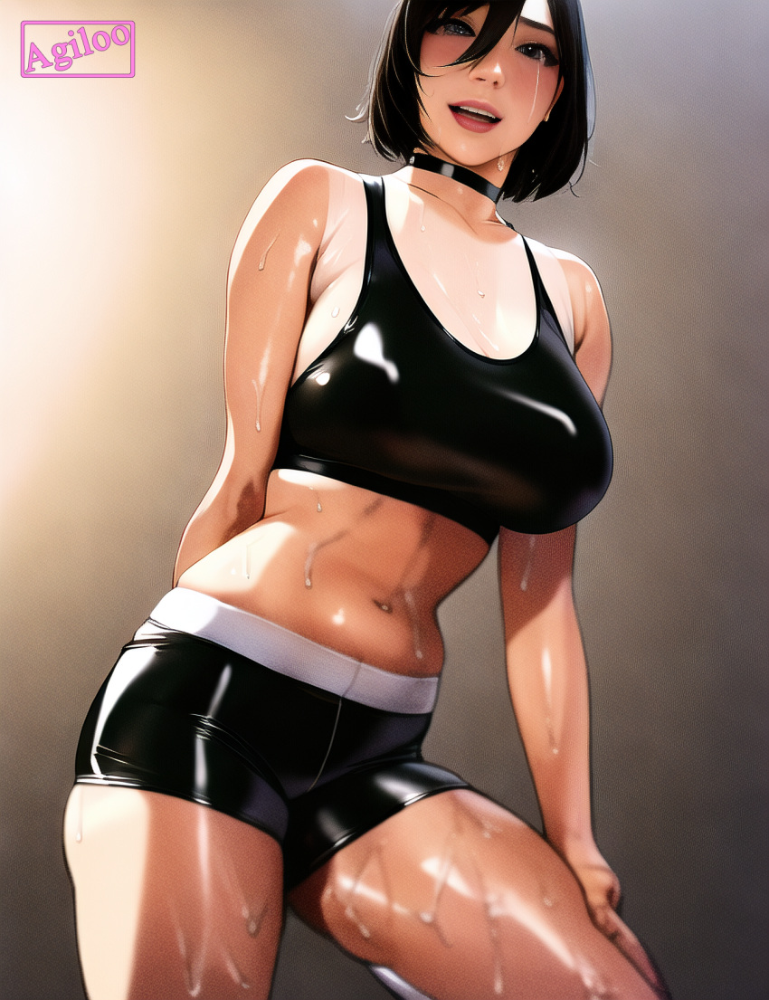 agiloo ai_generated female female_only gym gym_clothes gym_shorts latex latex_clothing nai_diffusion stable_diffusion sweat sweaty uniform wet workout