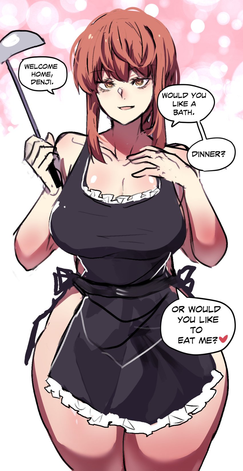 1girls apron braided_hair breasts chainsaw_man curvy_figure dialogue doodle english_text eye_contact female female_focus female_only hinghoi long_hair looking_at_viewer makima_(chainsaw_man) red_hair solo speech_bubble spoilers standing text thick_thighs voluptuous yellow_eyes