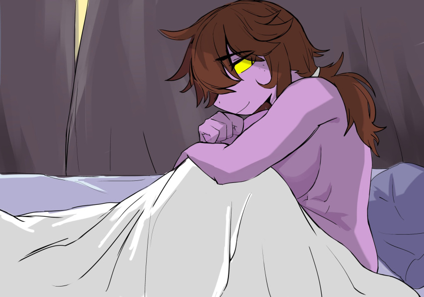 1girls bed deltarune female female_focus female_only hechangjun250 monster_girl purple_skin quilt smile solo solo_female solo_focus susie_(deltarune)