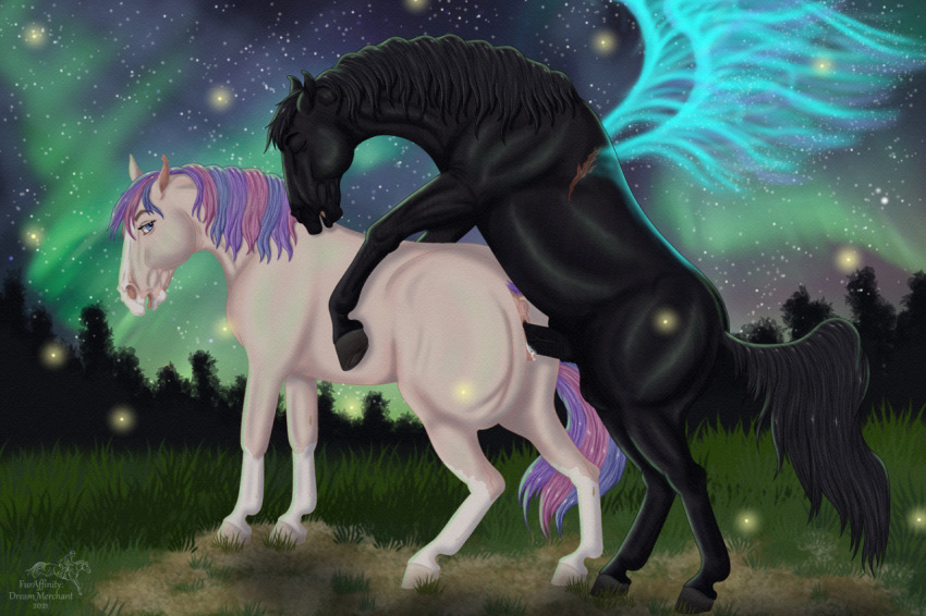 2021 animal_genitalia animal_penis animal_pussy aurora_borealis black_body black_hair black_mane black_tail blue_eyes closed_eyes detailed_background digital_media_(artwork) dream_merchant duo equid equine equine_anus equine_penis equine_pussy female female_penetrated feral from_behind_position genitals grass hair hooves horse looking_at_another looking_back looking_pleasured male male/female male_penetrating male_penetrating_female mammal mane mounting multicolored_body multicolored_hair open_mouth penetration penis plant pussy scar sex sophistique_(dream_merchant) two_tone_body two_tone_hair two_tone_tail vaginal_penetration vaginal_penetration