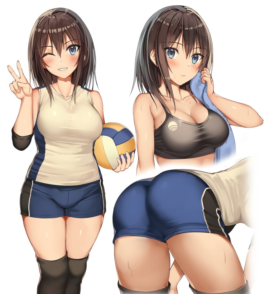 ass bent_over blue_eyes breasts brown_hair cleavage elbow_sleeve knee_sleeves kureha_(ironika) one_eye_closed original sleeveless_shirt sweat thighs tsubasa_(kureha) volleyball volleyball_shorts volleyball_uniform