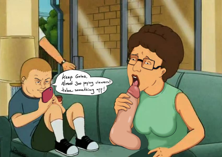 age_difference blowjob bobby_hill brown_hair caught caught_in_the_act couch dildo evil_grin evil_smile filming getting_caught glasses grin grinning hank_hill husband_and_wife king_of_the_hill licking licking_penis lipstick living_room mature mature_female milf mobile_phone mother_and_son peggy_hill phone pimp shorts sitting sliding_doors stream_chat streaming teen_boy tongue video_camera viewer_count younger younger_male