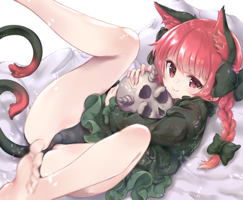 1girls 2_tails :3 animal_ear_fluff animal_ears barefoot black_panties bow cat_ears cat_tail closed_mouth dress duplicate feet female green_bow green_dress hairbow holding legs_up long_hair looking_at_viewer lying multi_tail on_back panties pixel-perfect_duplicate rabittofaa red_eyes red_hair rin_kaenbyou skull smile solo tail toes touhou underwear