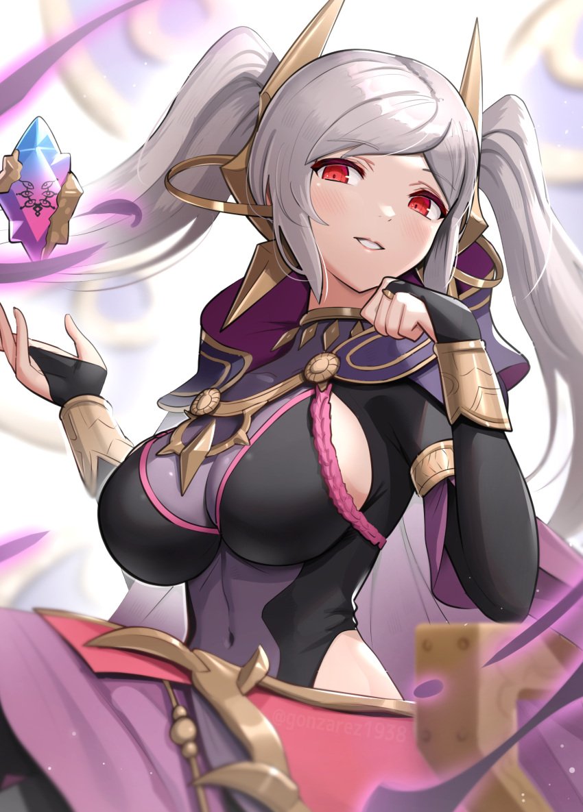 1girls absurdres alternate_costume bodystocking breasts bridal_gauntlets cape cleavage commentary_request covered_navel female female_only fire_emblem fire_emblem_awakening fire_emblem_heroes gonzarez grey_hair grima_(fire_emblem) grin highres large_breasts long_hair looking_at_viewer nintendo official_alternate_costume parted_lips purple_cape red_eyes robin_(female)_(fell_tactician)_(fire_emblem) robin_(fire_emblem) robin_(fire_emblem)_(female) shiny shiny_hair sideboob sitting solo twintails