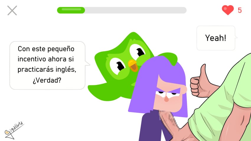 1girls censored duo_(duolingo) duolingo erection fellatio female gigalleta lily_(duolingo) mosaic_censoring no_outlines oral penis purple_hair straight translation_request