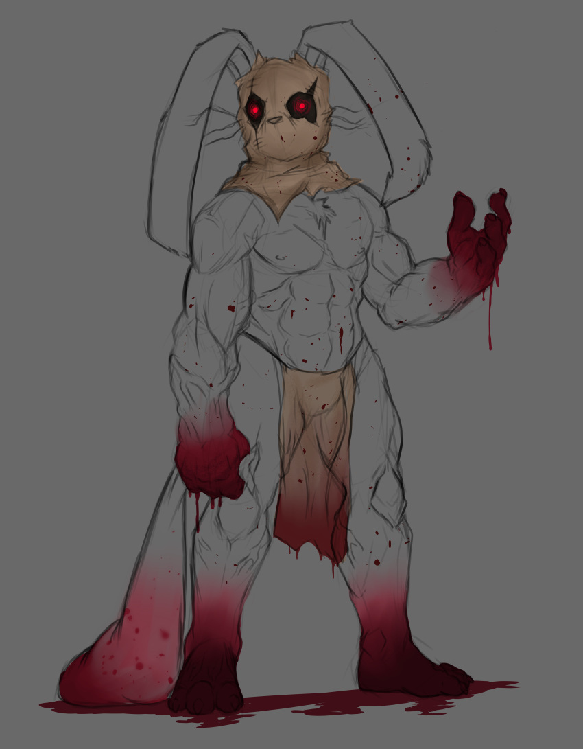 absurd_res animal_humanoid anthro blood bodily_fluids feet gore halloween hi_res holidays horror_(theme) humanoid lagomorph lagomorph_humanoid leporid_humanoid male mammal mammal_humanoid mature_male muscular original_characters pecs rabbit_humanoid scared simpleesteban solo